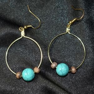 Blue Marbled Brown Beaded Hoop Earrings
